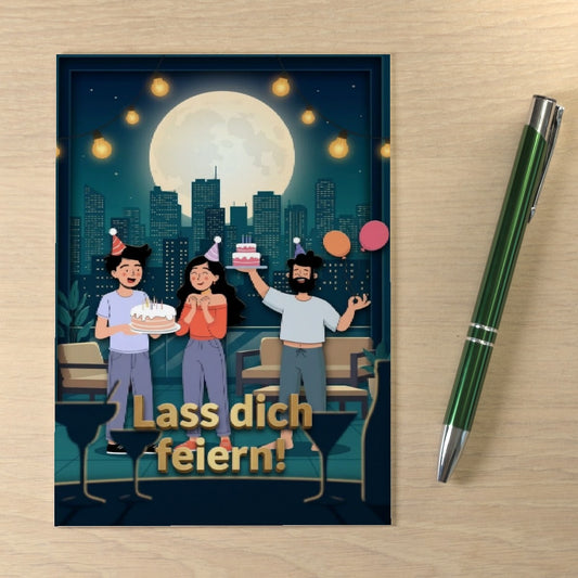 3D Geburtstags Klappkarte C6 Rooftop Party Lass dich feiern