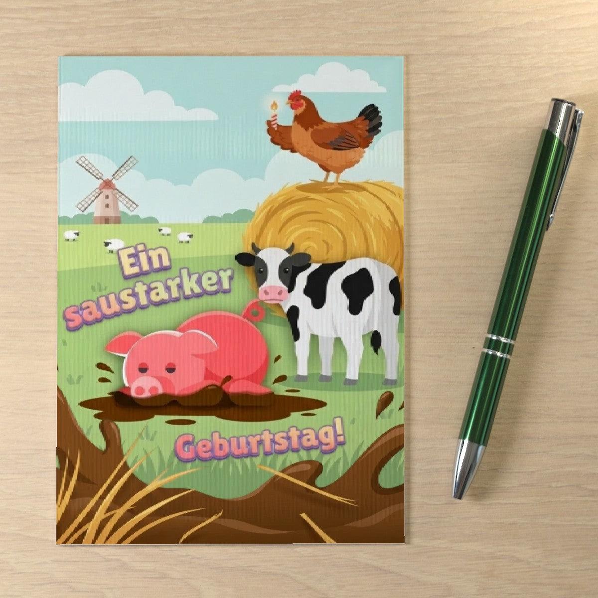 3D Geburtstags Klappkarte C6 Bauernhof Schwein Kuh Hahn Schlamm