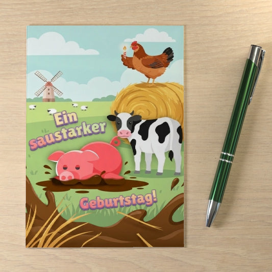 3D Geburtstags Klappkarte C6 Bauernhof Schwein Kuh Hahn Schlamm