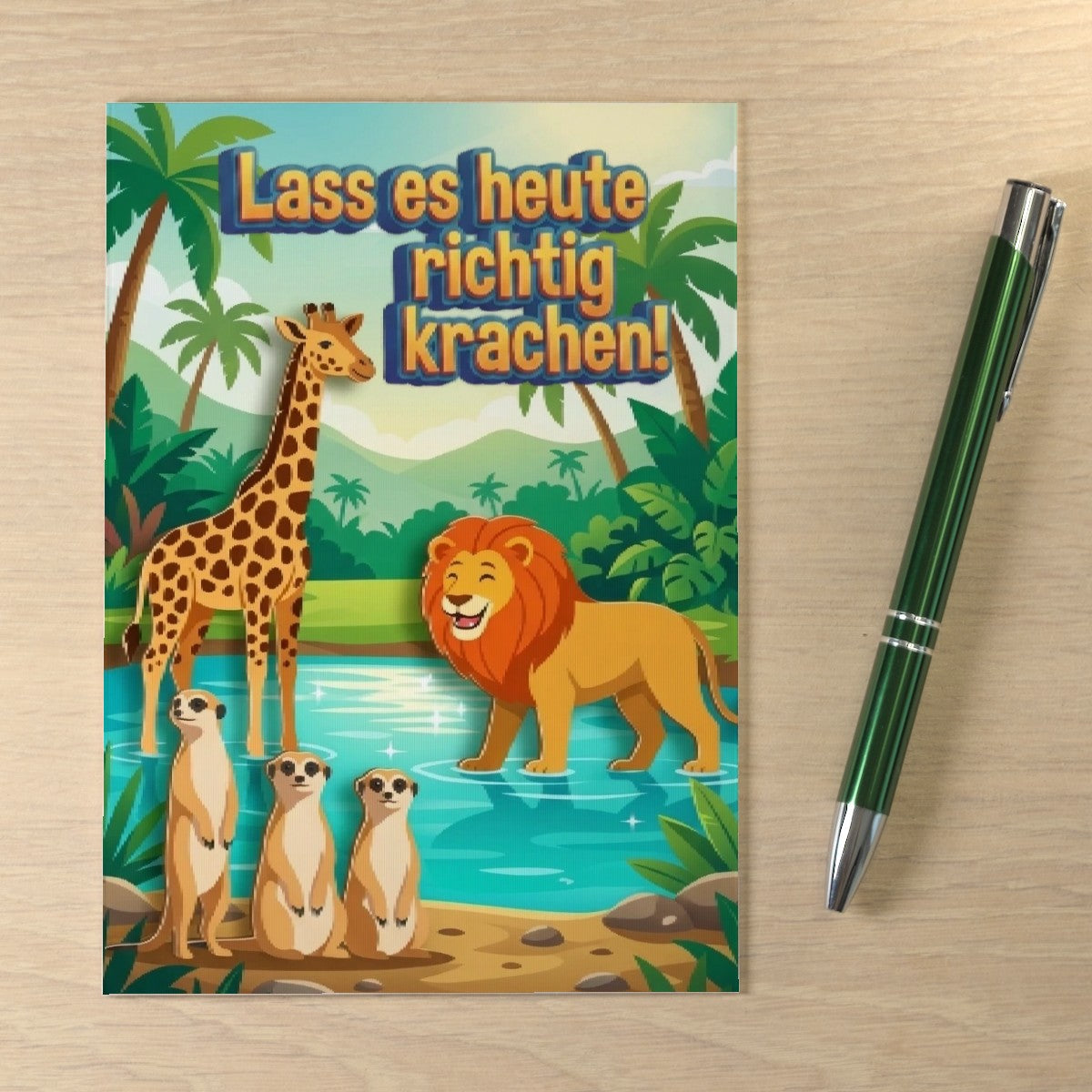 3D Geburtstags Klappkarte C6 Oase Löwe Giraffe Erdmännchen